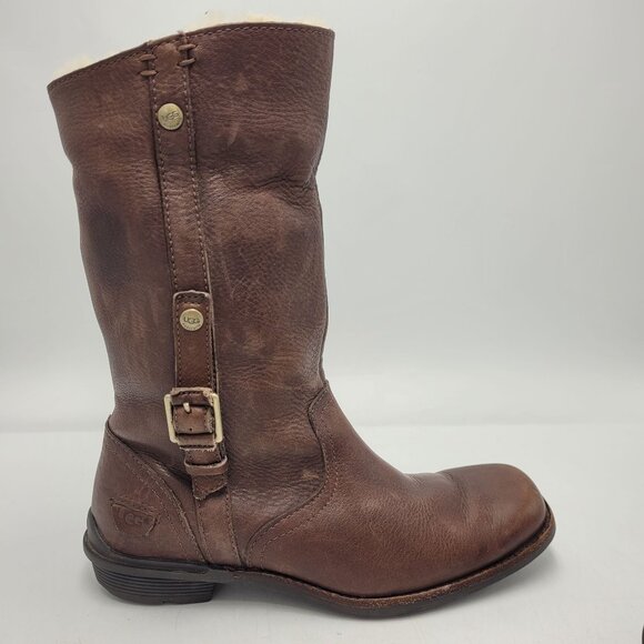 Ugg Bellevue Women's Sz 6.5 Leather & Genuine Sheepskin Wool Winter Boots Brown - Picture 16 of 16